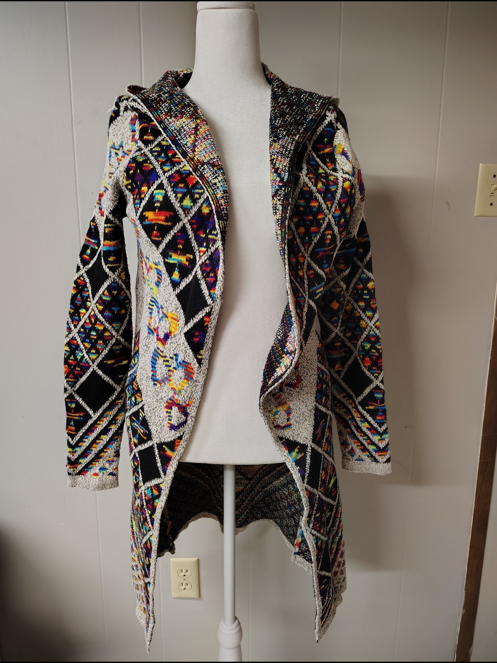 Multicolor Geometric Open-Front Hooded Cardigan Jacket